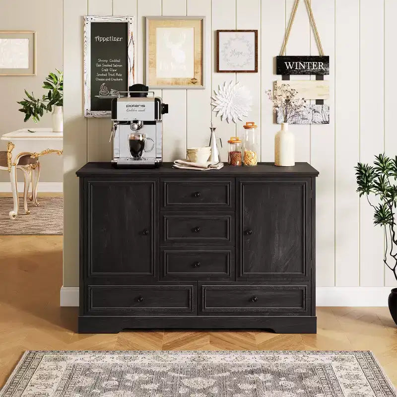 Credenza in Stile Rustico Nera/Marrone/Rovere – Mobile Contenitore a 2 Ante e 5 Cassetti