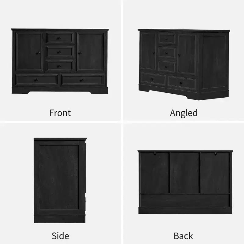 Credenza in Stile Rustico Nera/Marrone/Rovere – Mobile Contenitore a 2 Ante e 5 Cassetti