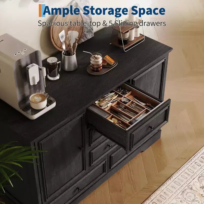 Credenza in Stile Rustico Nera/Marrone/Rovere – Mobile Contenitore a 2 Ante e 5 Cassetti