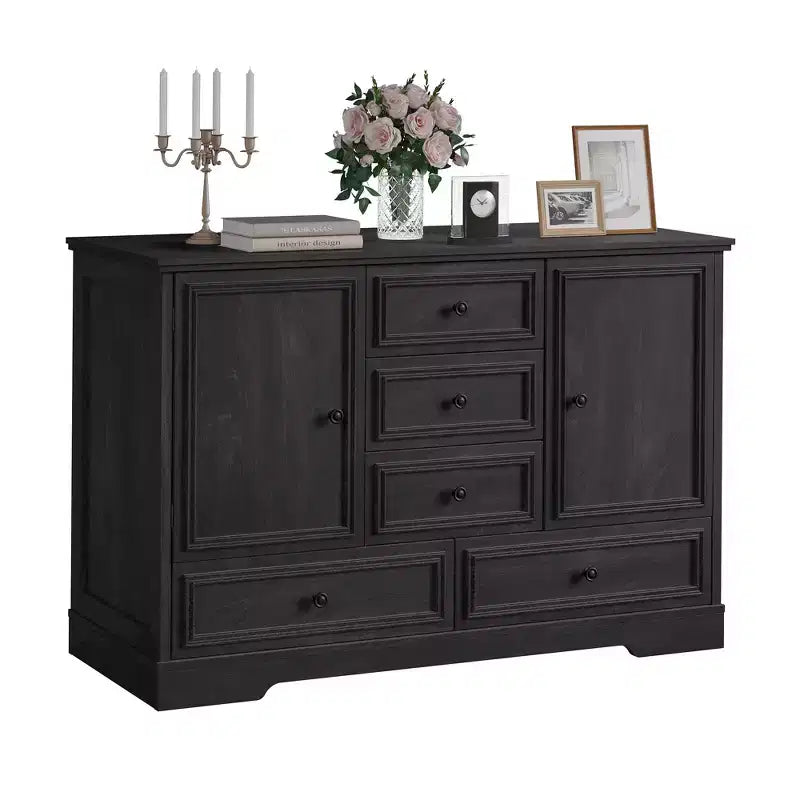 Credenza in Stile Rustico Nera/Marrone/Rovere – Mobile Contenitore a 2 Ante e 5 Cassetti