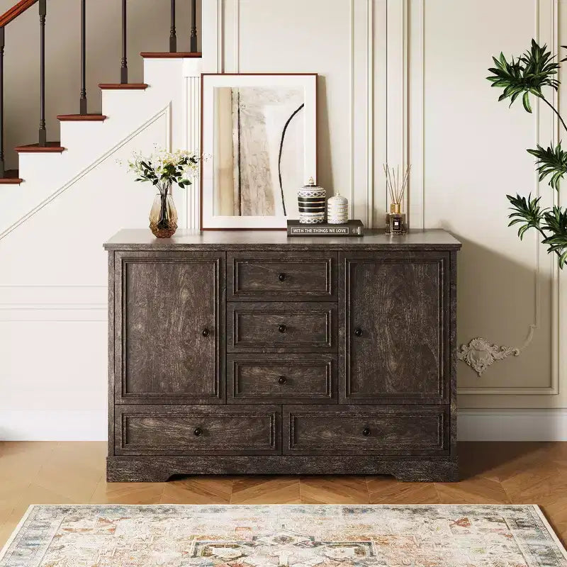 Credenza in Stile Rustico Nera/Marrone/Rovere – Mobile Contenitore a 2 Ante e 5 Cassetti