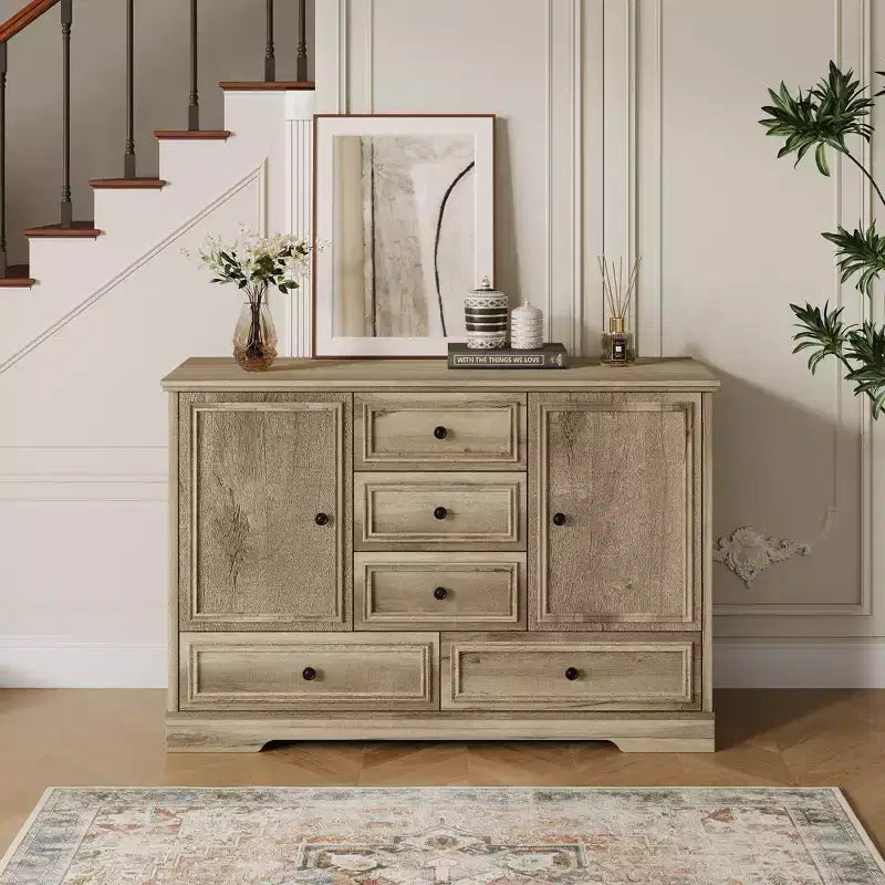 Credenza in Stile Rustico Nera/Marrone/Rovere – Mobile Contenitore a 2 Ante e 5 Cassetti