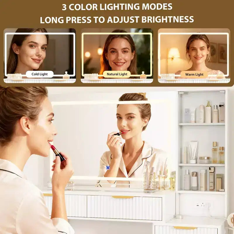 Scrivania da trucco illuminata da 48" con specchio, piano nero, utente singolo