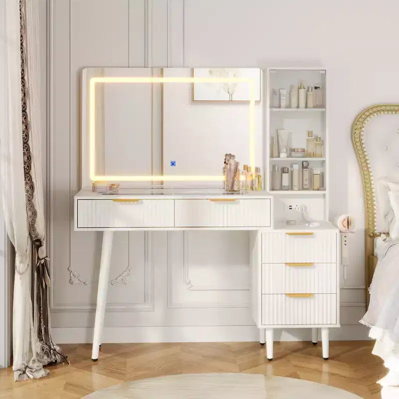 Scrivania da trucco illuminata da 48" con specchio, piano nero, utente singolo