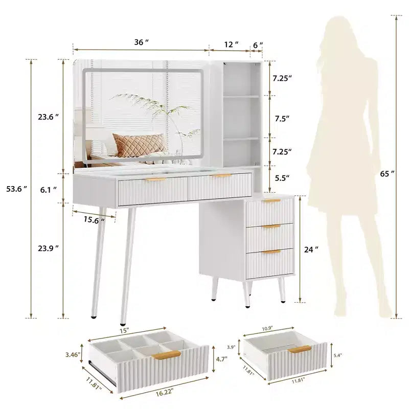 Scrivania da trucco illuminata da 48" con specchio, piano nero, utente singolo