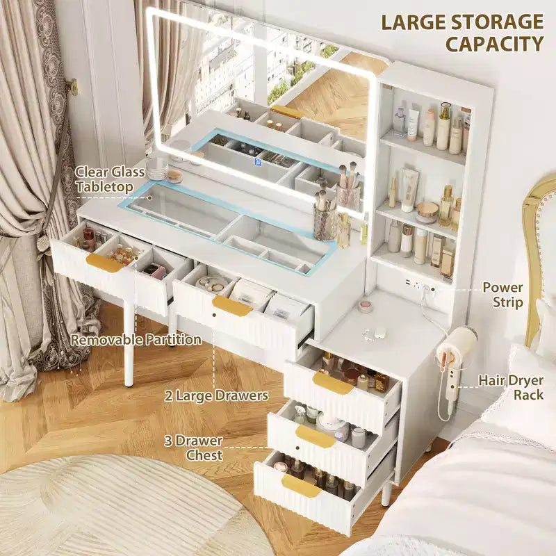 Scrivania da trucco illuminata da 48" con specchio, piano nero, utente singolo