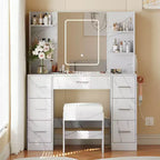 Scrivania da trucco illuminata da 43" con specchio, 7 cassetti e portacapelli per 1 persona – Nero / Bianco / Bianco Marmo