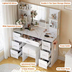 Scrivania da trucco illuminata da 43" con specchio, 7 cassetti e portacapelli per 1 persona – Nero / Bianco / Bianco Marmo