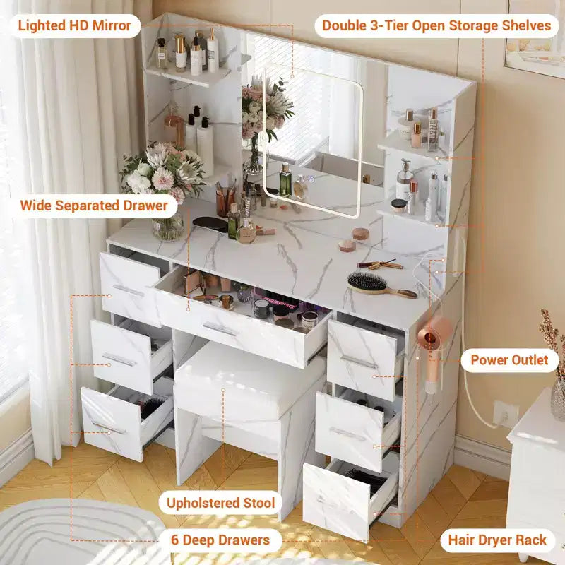 Scrivania da trucco illuminata da 43" con specchio, 7 cassetti e portacapelli per 1 persona – Nero / Bianco / Bianco Marmo