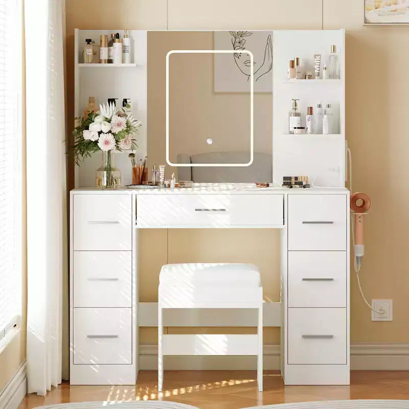 Scrivania da trucco illuminata da 43" con specchio, 7 cassetti e portacapelli per 1 persona – Nero / Bianco / Bianco Marmo