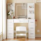 Scrivania da trucco illuminata da 43" con specchio, 7 cassetti e portacapelli per 1 persona – Nero / Bianco / Bianco Marmo
