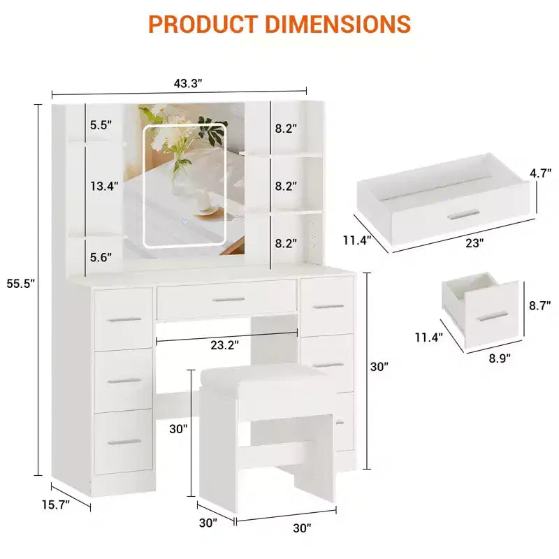 Scrivania da trucco illuminata da 43" con specchio, 7 cassetti e portacapelli per 1 persona – Nero / Bianco / Bianco Marmo