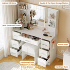 Scrivania da trucco illuminata da 43" con specchio, 7 cassetti e portacapelli per 1 persona – Nero / Bianco / Bianco Marmo