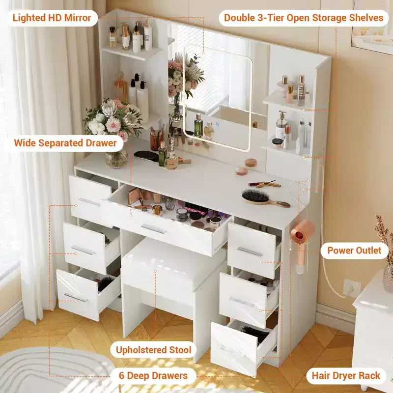 Scrivania da trucco illuminata da 43" con specchio, 7 cassetti e portacapelli per 1 persona – Nero / Bianco / Bianco Marmo