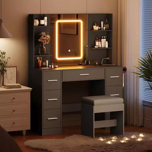 Scrivania da trucco illuminata da 43" con specchio, 7 cassetti e portacapelli per 1 persona – Nero / Bianco / Bianco Marmo