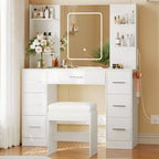 Scrivania da trucco illuminata da 43" con specchio, 7 cassetti e portacapelli per 1 persona – Nero / Bianco / Bianco Marmo