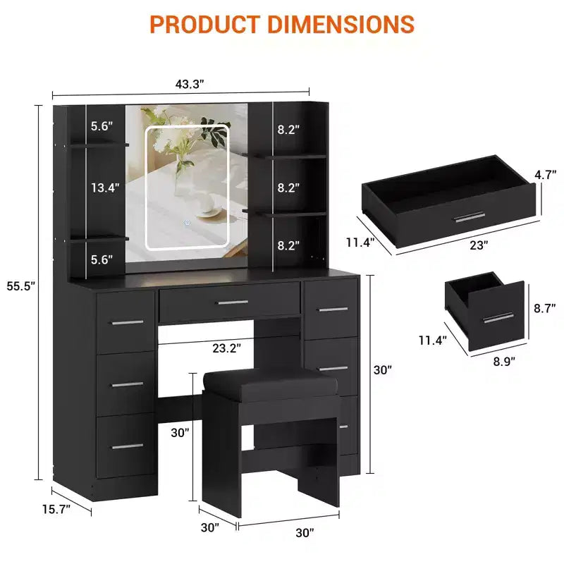 Scrivania da trucco illuminata da 43" con specchio, 7 cassetti e portacapelli per 1 persona – Nero / Bianco / Bianco Marmo