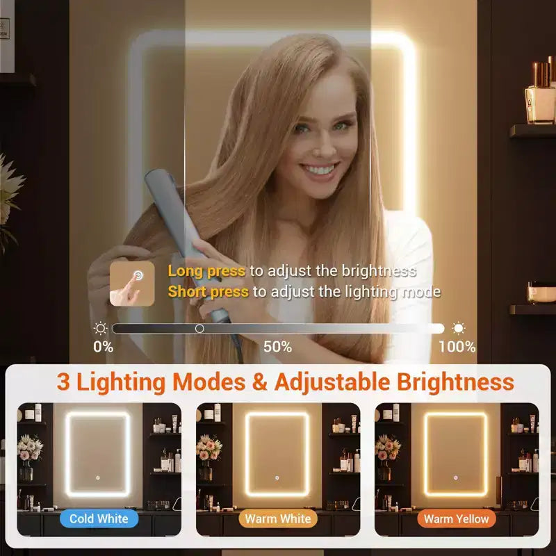 Scrivania da trucco illuminata da 43" con specchio, 7 cassetti e portacapelli per 1 persona – Nero / Bianco / Bianco Marmo
