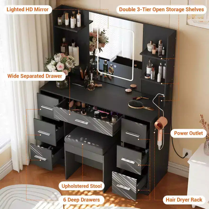 Scrivania da trucco illuminata da 43" con specchio, 7 cassetti e portacapelli per 1 persona – Nero / Bianco / Bianco Marmo