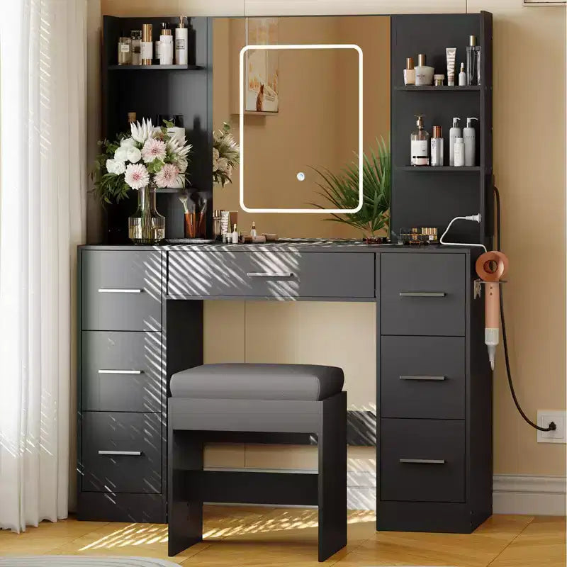 Scrivania da trucco illuminata da 43" con specchio, 7 cassetti e portacapelli per 1 persona – Nero / Bianco / Bianco Marmo