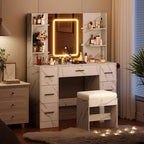 Scrivania da trucco illuminata da 43" con specchio, 7 cassetti e portacapelli per 1 persona – Nero / Bianco / Bianco Marmo
