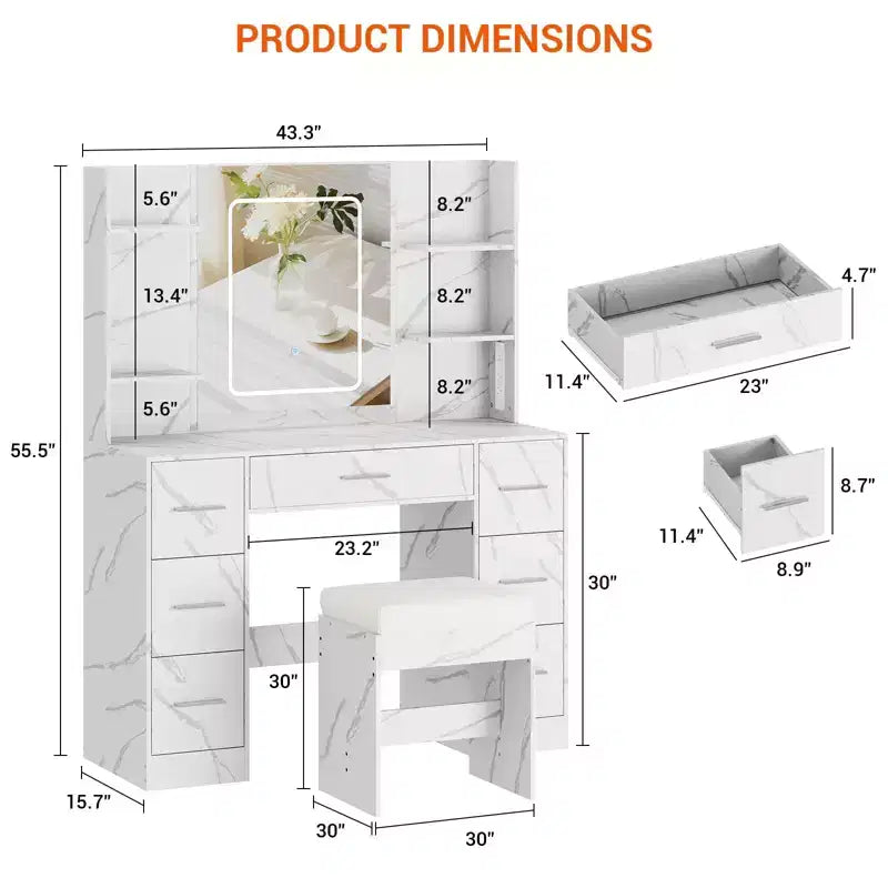 Scrivania da trucco illuminata da 43" con specchio, 7 cassetti e portacapelli per 1 persona – Nero / Bianco / Bianco Marmo