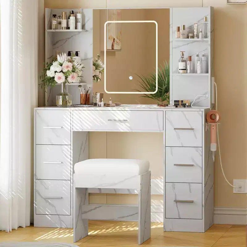 Scrivania da trucco illuminata da 43" con specchio, 7 cassetti e portacapelli per 1 persona – Nero / Bianco / Bianco Marmo