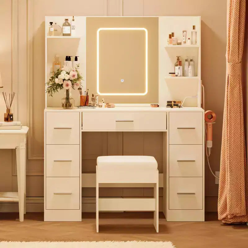 Scrivania da trucco illuminata da 43" con specchio, 7 cassetti e portacapelli per 1 persona – Nero / Bianco / Bianco Marmo