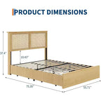 Struttura letto a piattaforma in rattan naturale con testiera a LED e 4 cassetti contenitore, matrimoniale/queen
