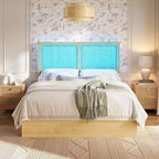 Struttura letto a piattaforma in rattan naturale con testiera a LED e 4 cassetti contenitore, matrimoniale/queen