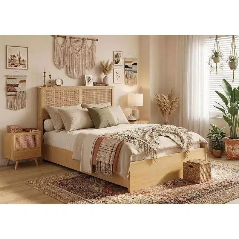 Struttura letto a piattaforma in rattan naturale con testiera a LED e 4 cassetti contenitore, matrimoniale/queen
