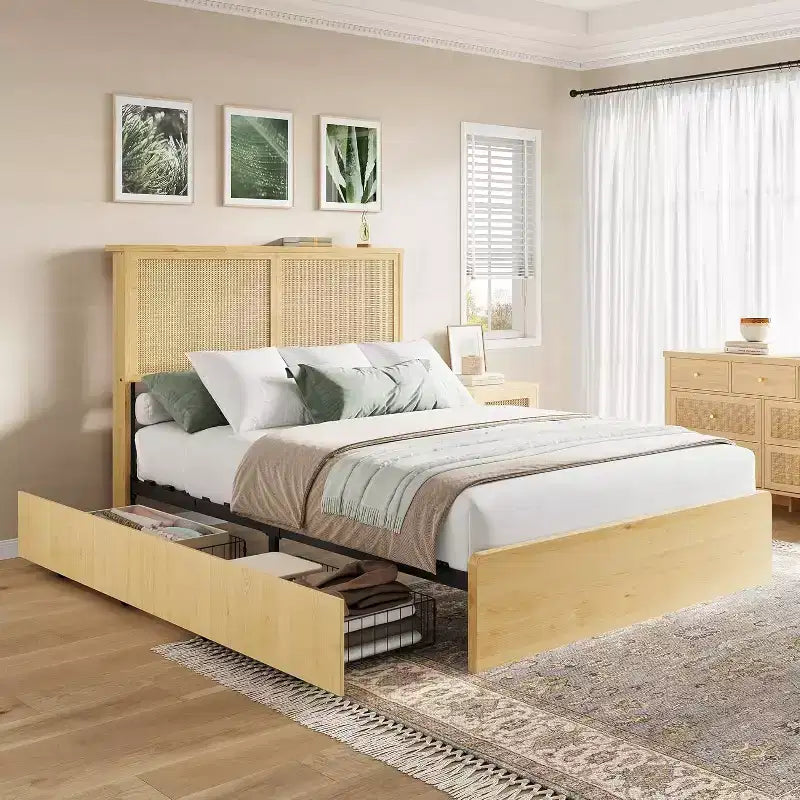 Struttura letto a piattaforma in rattan naturale con testiera a LED e 4 cassetti contenitore, matrimoniale/queen