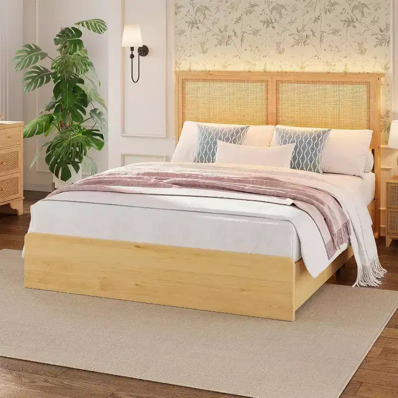 Struttura letto a piattaforma in rattan naturale con testiera a LED e 4 cassetti contenitore, matrimoniale/queen