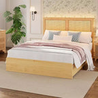 Struttura letto a piattaforma in rattan naturale con testiera a LED e 4 cassetti contenitore, matrimoniale/queen