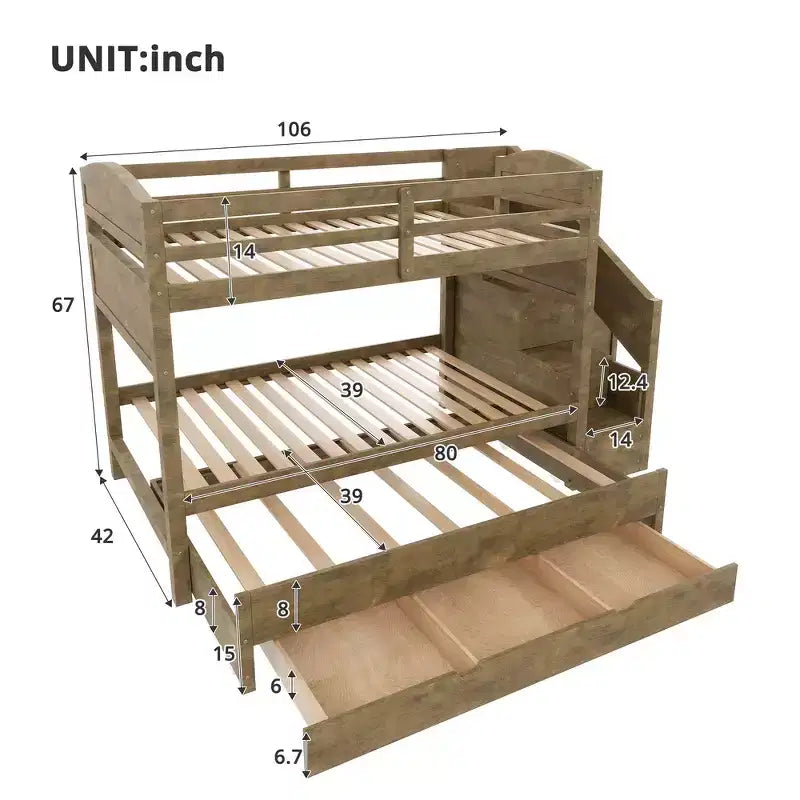 Letto a castello Twin XL con letto estraibile, scala contenitore e armadio, per 3 (bambini 8+)