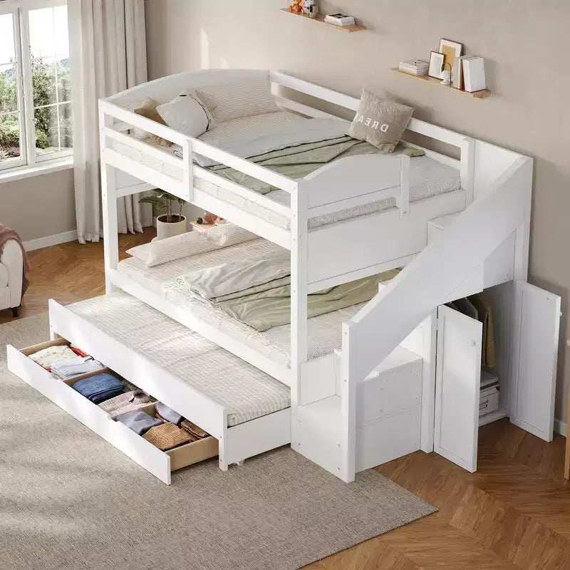 Letto a castello Twin XL con letto estraibile, scala contenitore e armadio, per 3 (bambini 8+)