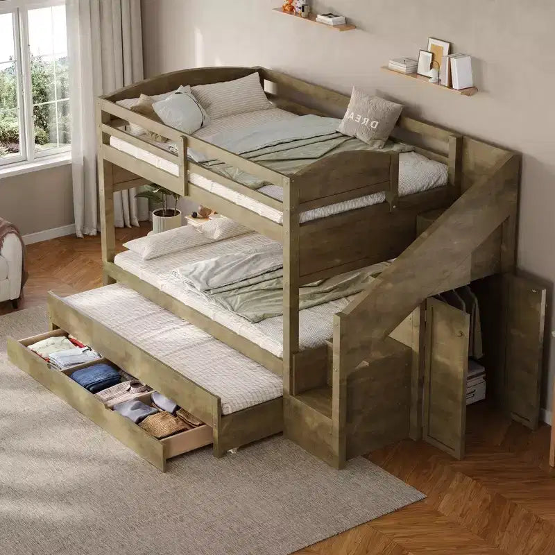 Letto a castello Twin XL con letto estraibile, scala contenitore e armadio, per 3 (bambini 8+)