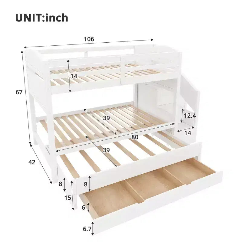 Letto a castello Twin XL con letto estraibile, scala contenitore e armadio, per 3 (bambini 8+)
