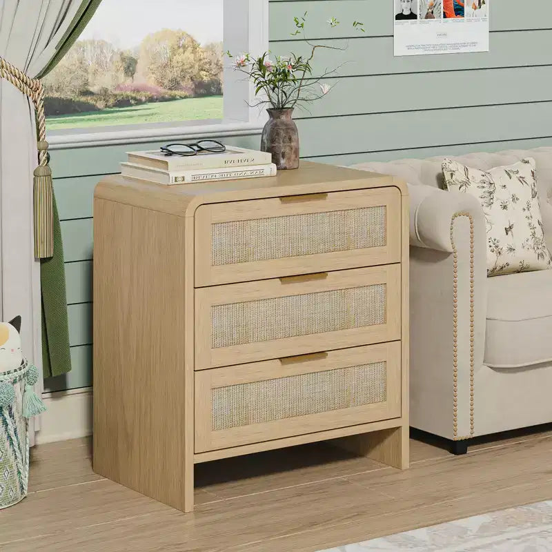 Comodino a 3 cassetti beige per camera da letto, montaggio per 1 persona