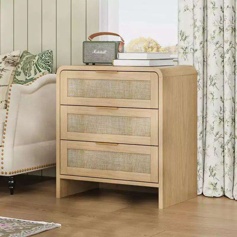 Comodino a 3 cassetti beige per camera da letto, montaggio per 1 persona