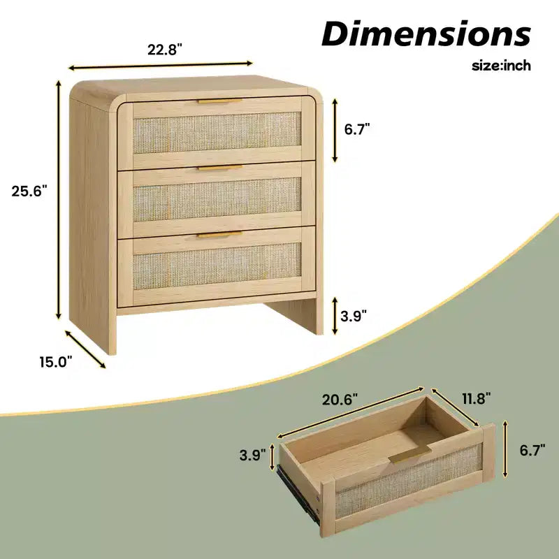 Comodino a 3 cassetti beige per camera da letto, montaggio per 1 persona