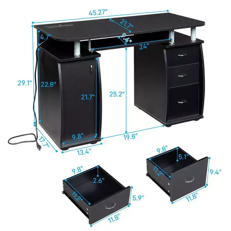Scrivania per computer da 45" con 3 cassetti e ripiano con anta, per adulti