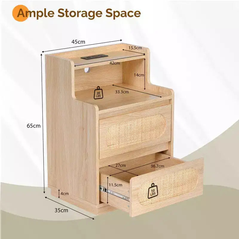 Comodino a 2 cassetti beige con ripiano aperto e presa di corrente integrata - singolo