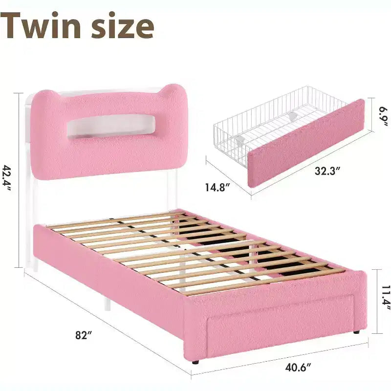 Struttura letto imbottita singola con luci LED, testiera contenitore e cassetti, rosa, per 1 persona