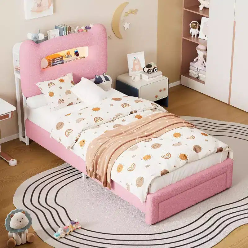Struttura letto imbottita singola con luci LED, testiera contenitore e cassetti, rosa, per 1 persona