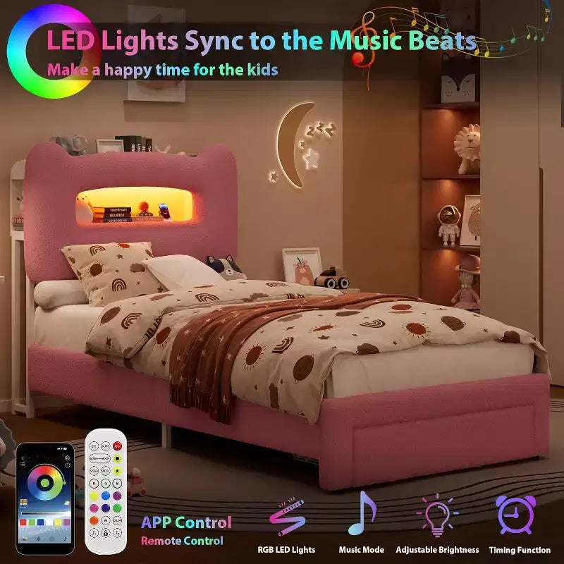 Struttura letto imbottita singola con luci LED, testiera contenitore e cassetti, rosa, per 1 persona