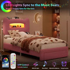 Struttura letto imbottita singola con luci LED, testiera contenitore e cassetti, rosa, per 1 persona