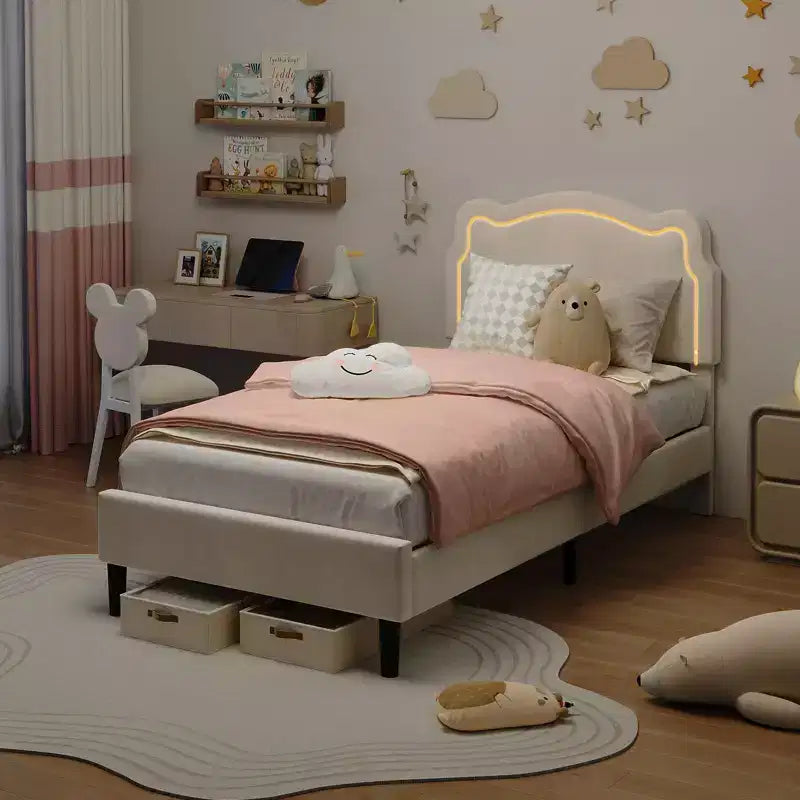Struttura letto imbottita singola a LED con testiera, per 1 persona (bambini)