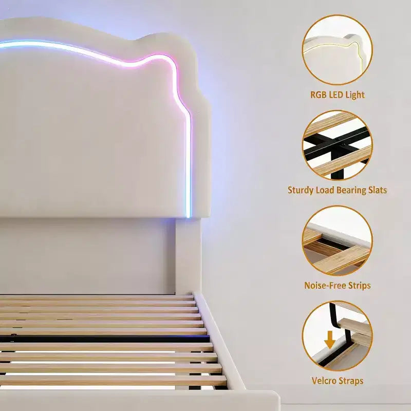 Struttura letto imbottita singola a LED con testiera, per 1 persona (bambini)