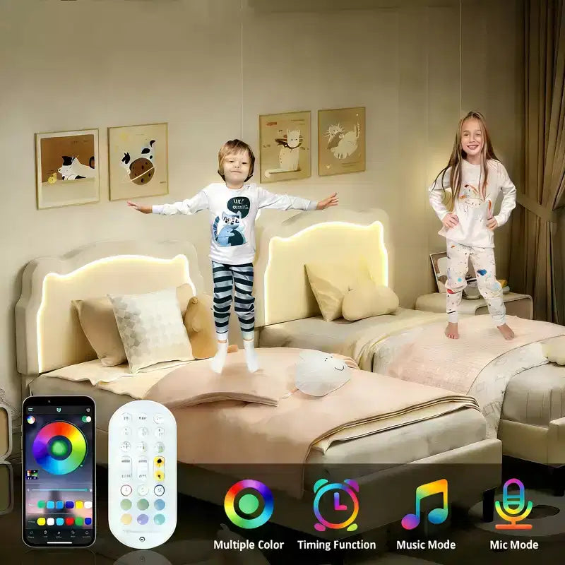 Struttura letto imbottita singola a LED con testiera, per 1 persona (bambini)